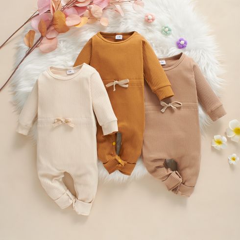 Baby Solid Ribbed Long-sleeve Drawstring Jumpsuit Playsuit Beige big image 6