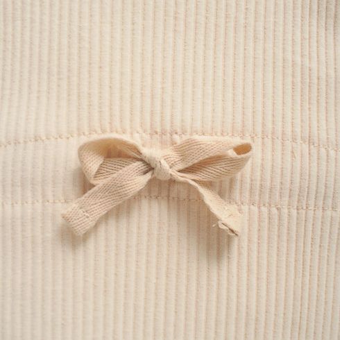 Baby Solid Ribbed Long-sleeve Drawstring Jumpsuit Playsuit Beige big image 3