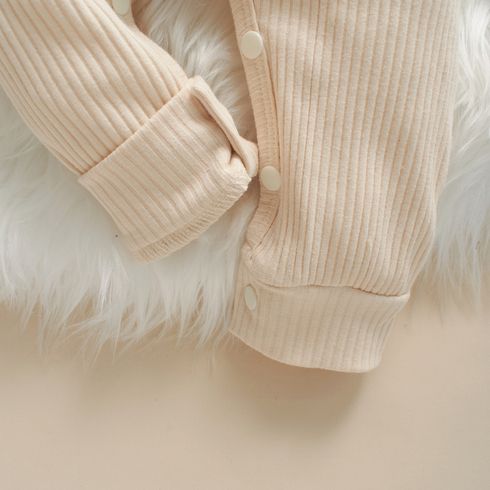 Baby Solid Ribbed Long-sleeve Drawstring Jumpsuit Playsuit Beige big image 4