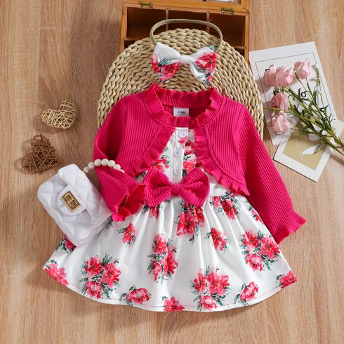2pcs Baby Girl Frill Ribbed Splicing Floral Print Faux-two Long-sleeve Dress with Headband Set