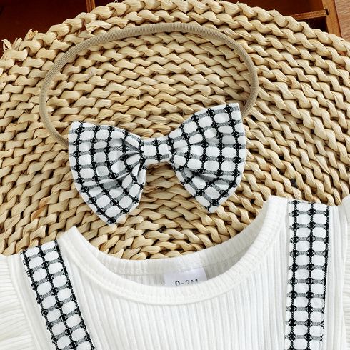2pcs Baby Girl 95% Cotton Ribbed Ruffle-sleeve Bowknot Splicing Plaid Layered Romper with Headband Set White big image 3