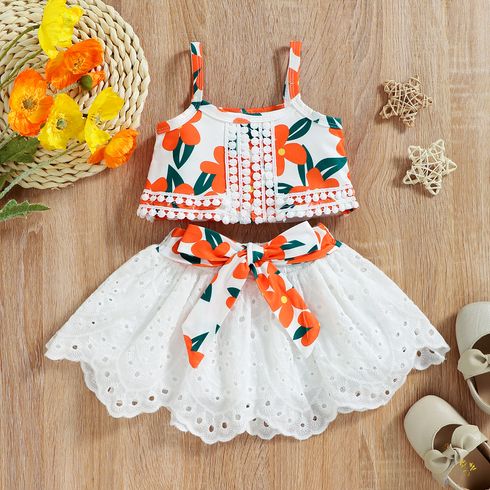 2pcs Baby Girl Floral Print Camisole Crop Top and Bowknot Hollow Out Skirt Set