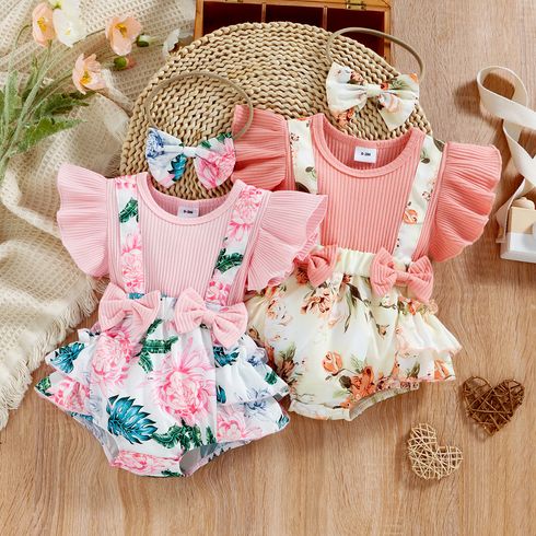2pcs Baby Girl 95% Cotton Ribbed Ruffle-sleeve Faux-two Floral Print Layered Romper with Headband Set