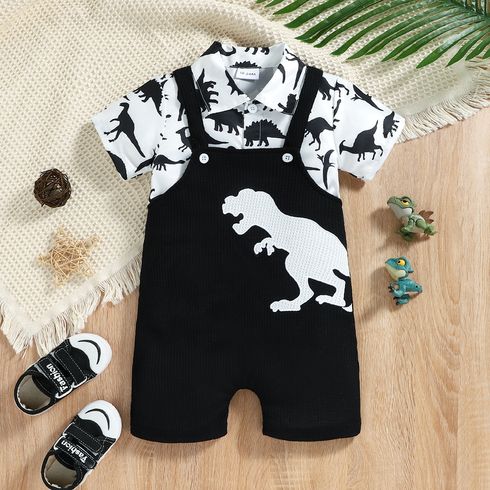 2pcs Toddler Boy Playful Dinosaur Print Lapel Collar Shirt and Overalls Set