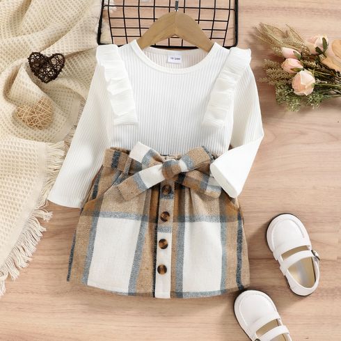 2pcs Toddler Girl Trendy Ruffled Ribbed Long-sleeve Tee and Plaid Button Design Skirt Set