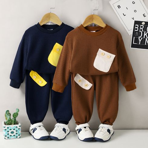 2pcs Toddler Boy Pocket Design Waffle Pullover Sweatshirt and Elasticized Pants Set