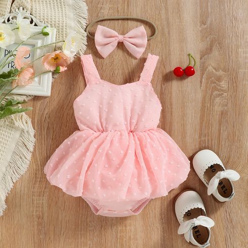 Baby Girl Solid Jacquard Layered Sleeveless Pink Romper with Headband Set