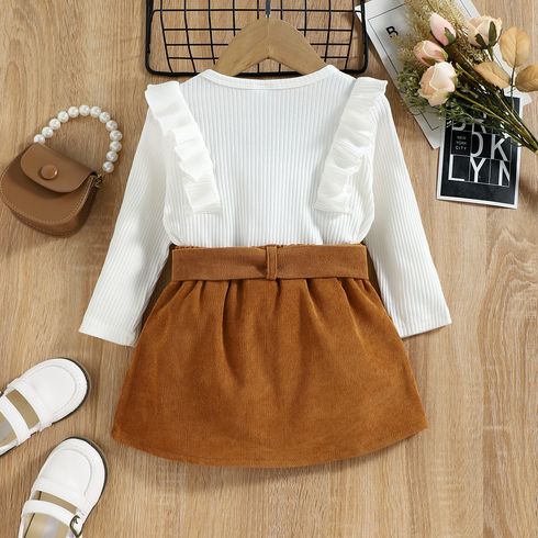 2pcs Toddler Girl Trendy Ruffled Ribbed Tee and Button Design Corduroy Skirt Set White big image 6