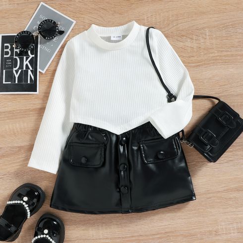 2pcs Toddler Girl Ribbed Irregular Hem Long-sleeve White Tee and Faux Leather Skirt Set