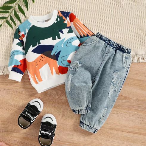 2pcs Baby Boy Allover Dinosaur Print Long-sleeve Sweatshirt and Ripped Jeans Set