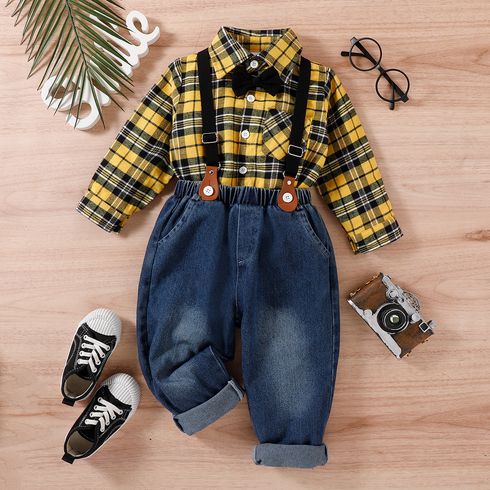 2pcs Toddler Boy Gentleman Suit, Suspender Denim Jeans and Plaid Lapel Collar Shirt Set