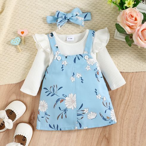 3pcs Baby Girl Solid Rib Knit Ruffle Trim Long-sleeve Top and Floral Print Overall Dress with Headband Set