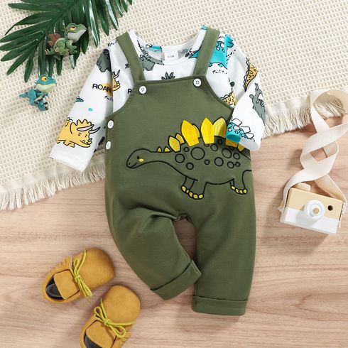 2pcs Baby Boy Allover Dinosaur Print Long-sleeve Tee and Embroidered Overalls Set