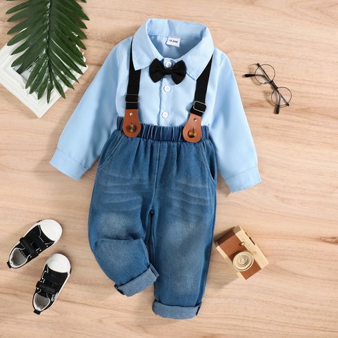 2pcs Toddler Boy Gentleman Suit, Suspender Denim Jeans and Lapel Collar Shirt Set