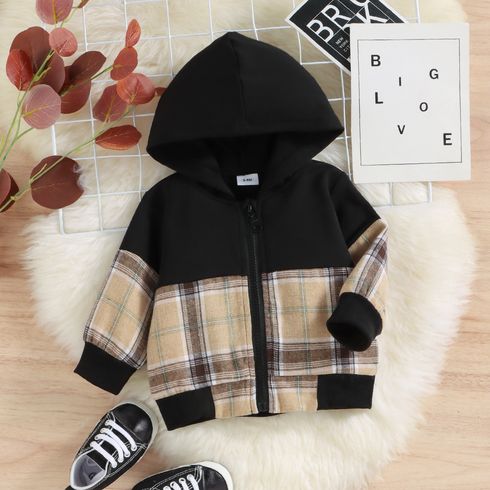 Baby Boy Solid Spliced Plaid Long-sleeve Hooded Zipper Jacket