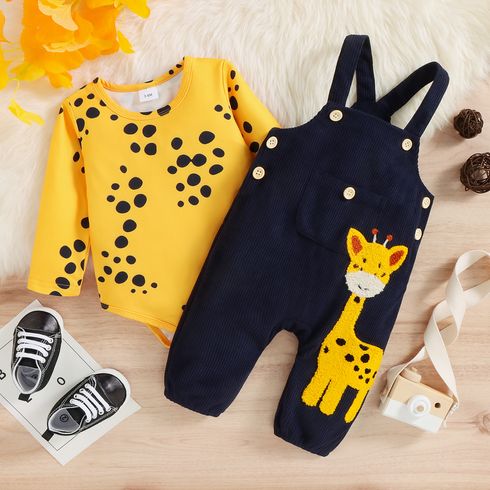 2pcs Baby Boy Giraffe Embroidered Corduroy Overalls and Long-sleeve Graphic Romper Set