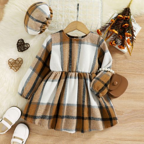2pcs Toddler Girl Classic Bowknot Design Plaid Dress and Cap