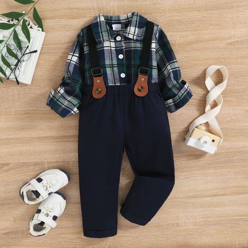 2pcs Toddler Boy Gentleman Suit, Plaid Shirt and Suspender Pants Set