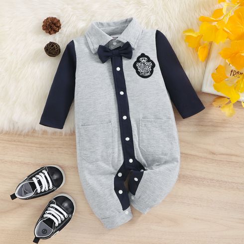 Baby Boy Gentleman Bow Tie Badge Design Party Outfit Colorblock Long-sleeve Button Jumpsuit