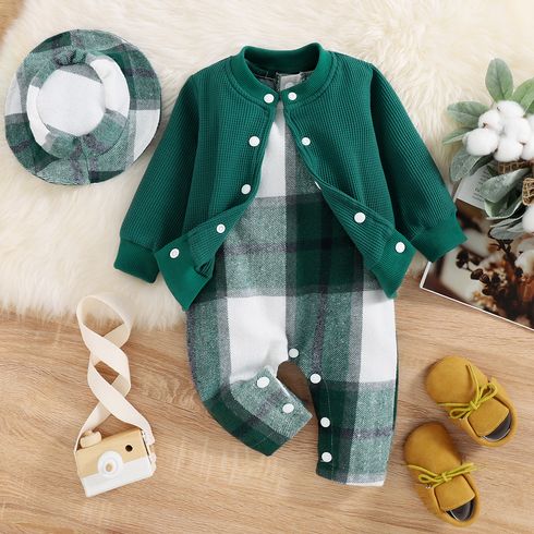 3pcs Baby Boy/Girl Dark Green Plaid Tank Jumpsuit and Solid Waffle Jacket with Hat Set
