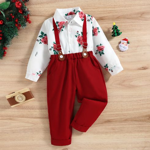 2pcs Toddler Boy Preppy style Floral Print Shirt and Suspender Pants Set