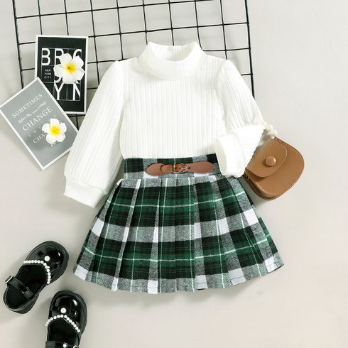 2pcs Toddler Girl Preppy style Mock Neck Ribbed Tee and Plaid Pleated Skirt Set