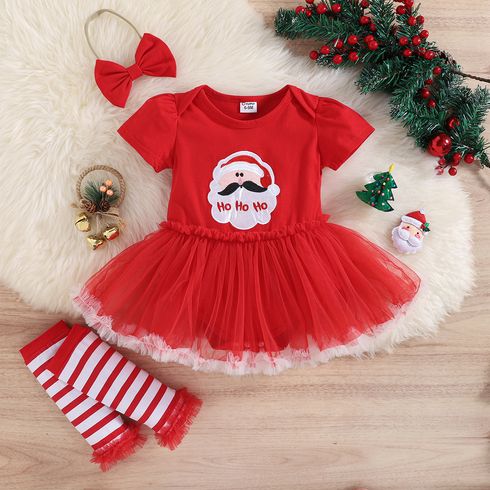 Christmas 3pcs Baby Girl Red Short-sleeve Santa Graphic Mesh Romper Set