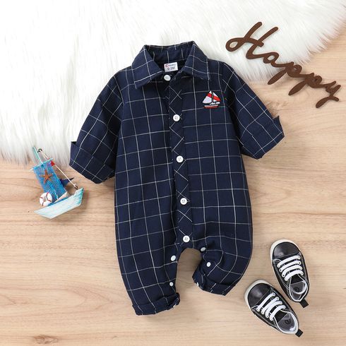 Baby Boy Sailboat Embroidered Dark Blue Plaid Long-sleeve Button Jumpsuit