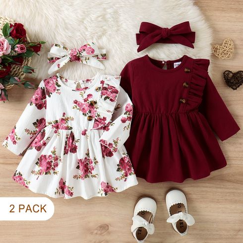 2-Pack Baby Girl Allover Floral Print and Solid Ruffle Trim Long-sleeve Dresses and Headbands Sets