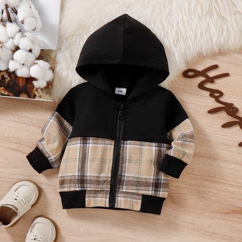 Baby Boy Solid Spliced Plaid Long-sleeve Hooded Zipper Jacket