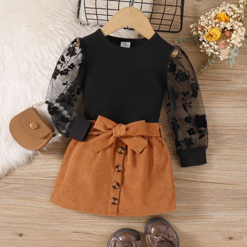 3pcs Toddler Girl Sweet Mesh Sleeve Tee and Button Design Skirt & Belt Set