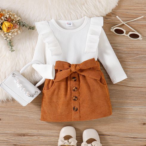 2pcs Baby Girl 95% Cotton Ribbed Ruffle Trim Romper and Corduroy Skirt Set