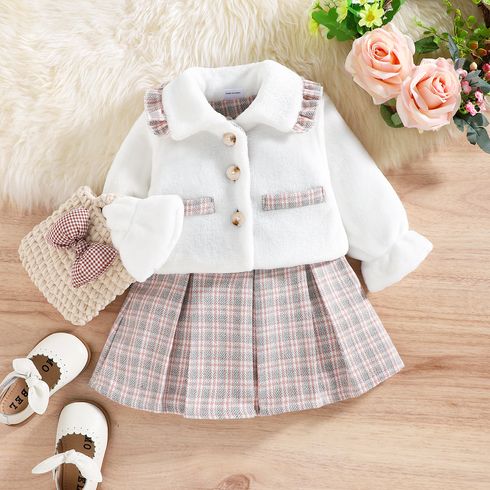 2pcs Baby Girl Plaid Pleated Tank Dress and Long-sleeve Thermal Fuzzy Coat Set