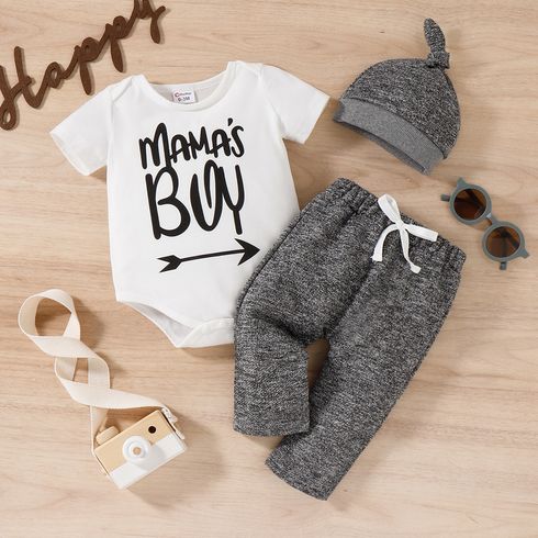 3pcs Baby Boy Short-sleeve Letter Print Romper and Heathered Pants & Hat Set