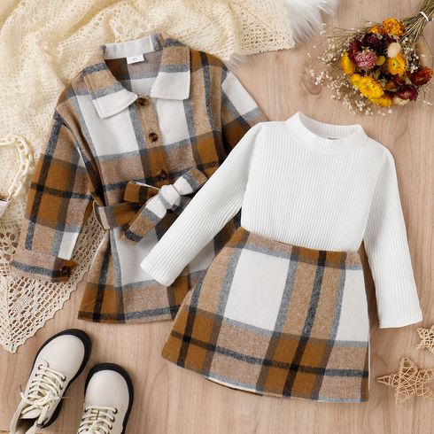 3pcs Toddler Girl Classic Ribbed Tee & Plaid Skirt and Lapel Collar Coat Set
