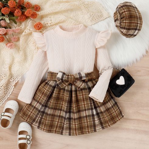 3pcs Toddler Girl Sweet Plaid Beret Cap & Textured Tee and Belted Skirt Set
