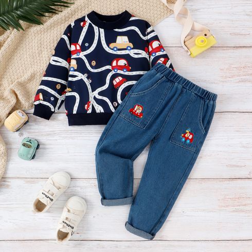 2pcs Toddler Boy Playful Denim Car Embroidered Jeans and Allover Print Sweatshirt Set