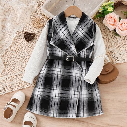 3pcs Toddler Girl Trendy Textured Sweatshirt and Belted Plaid Vest Dress Set