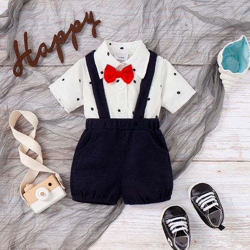 2pcs Baby Boy Gentleman Bow Tie Decor Short-sleeve Polka Dots Shirt and Solid Waffle Suspender Shorts Set