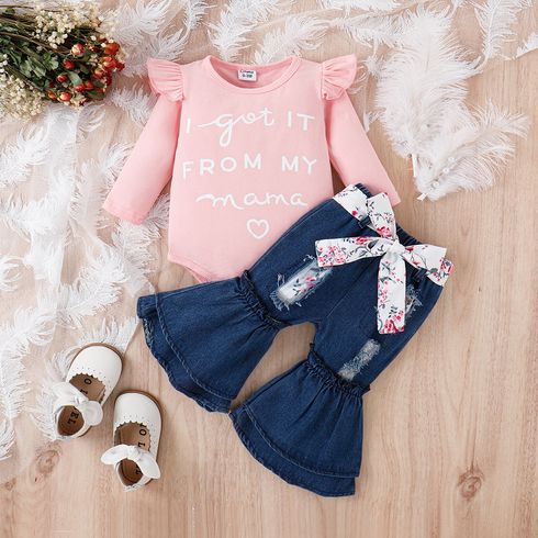 3pcs Baby Girl 95% Cotton Letter Print Ruffle Trim Long-sleeve Romper and Ripped Flared Jeans & Belt Set