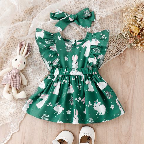 Easter 2pcs Baby Girl Allover Rabbit Print Ruffle Trim Sleeveless Dress & Headband Set
