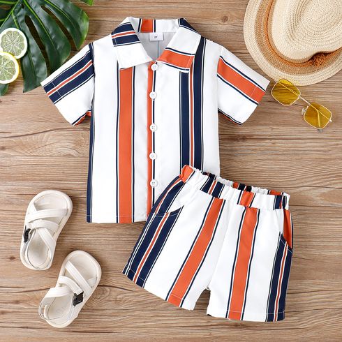 2pcs Toddler Boy Boho Stripe Lapel Collar Shirt and Shorts Set White big image 1