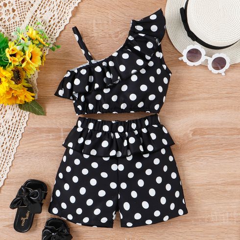 2pcs Toddler Girl Trendy Polka dots Flounce Tee and Shorts set