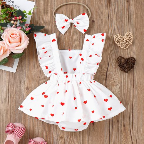 2pcs Baby Girl Allover Heart Print Ruffled Sleeveless Romper & Headband Set White big image 2