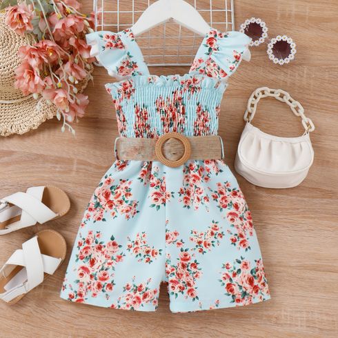 2pcs Toddler Girl Sweet Floral Print Smocked Sleeveless Rompers and Belt