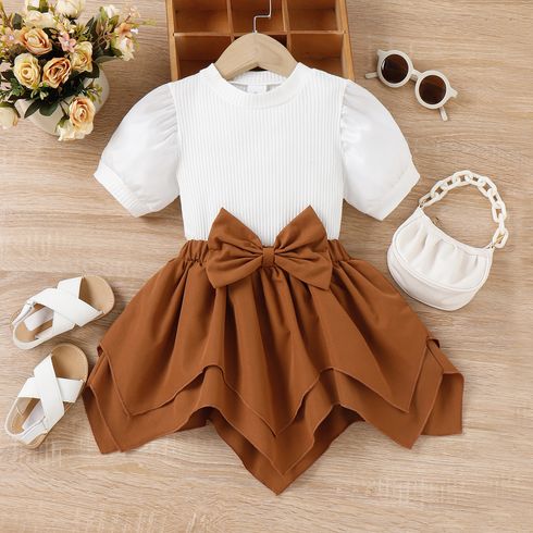 2pcs Toddler Girl Sweet Puff-sleeve Tee and Irregular Hem Skirt Set