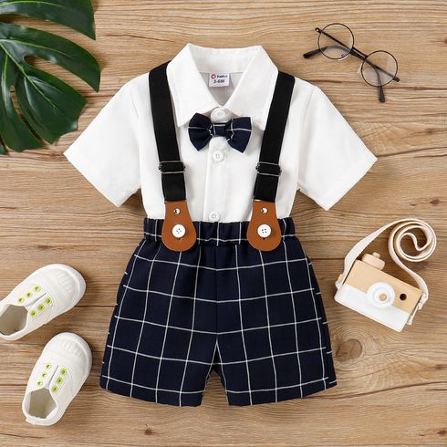 2pcs Baby Boy Bow Tie Decor Short-sleeve Solid Shirt and Plaid Suspender Shorts Set