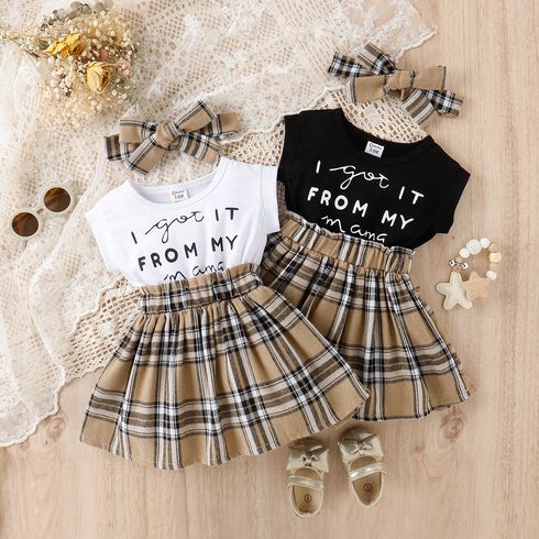 2pcs Baby Girl Short-sleeve Letter Print Spliced Plaid Dress & Headband Sets