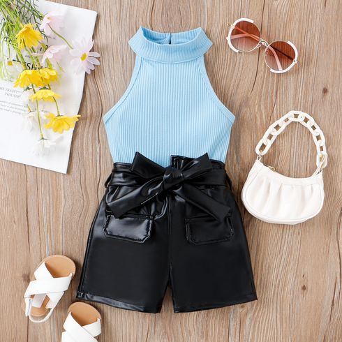 2pcs Toddler Girl Trendy Ribbed Tank Top and Belted PU Shorts Set