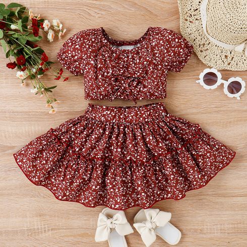 2pcs Toddler Girl Trendy Floral Print Tee and Layered Skirt Set